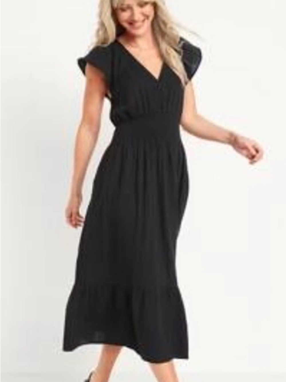 Old Navy Fit & Flare Flutter Sleeve Smocked Midi Dress for Women in Black Small